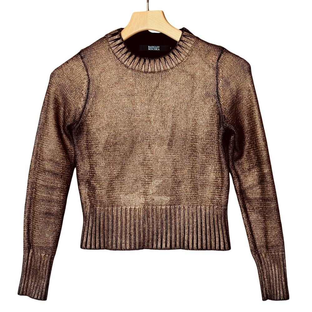 Badgley Mischka Metallic Bronze Black Long Sleeve Crew Neck Sweater Small